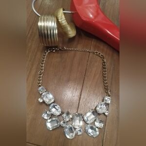 Costume Jewelry Bundle -2 Gold Tone Bracelets & Large Rhinestone Necklace